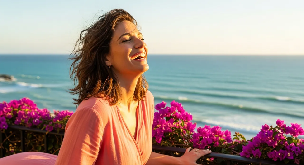 Joyful woman with windswept hair laughing on a sunlit Mediterranean balcony overlooking turquoise sea, surrounded by vibrant bougainvillea